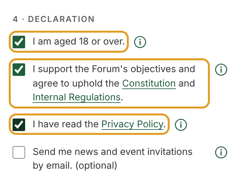 The declaration section with the first three boxes ticked.